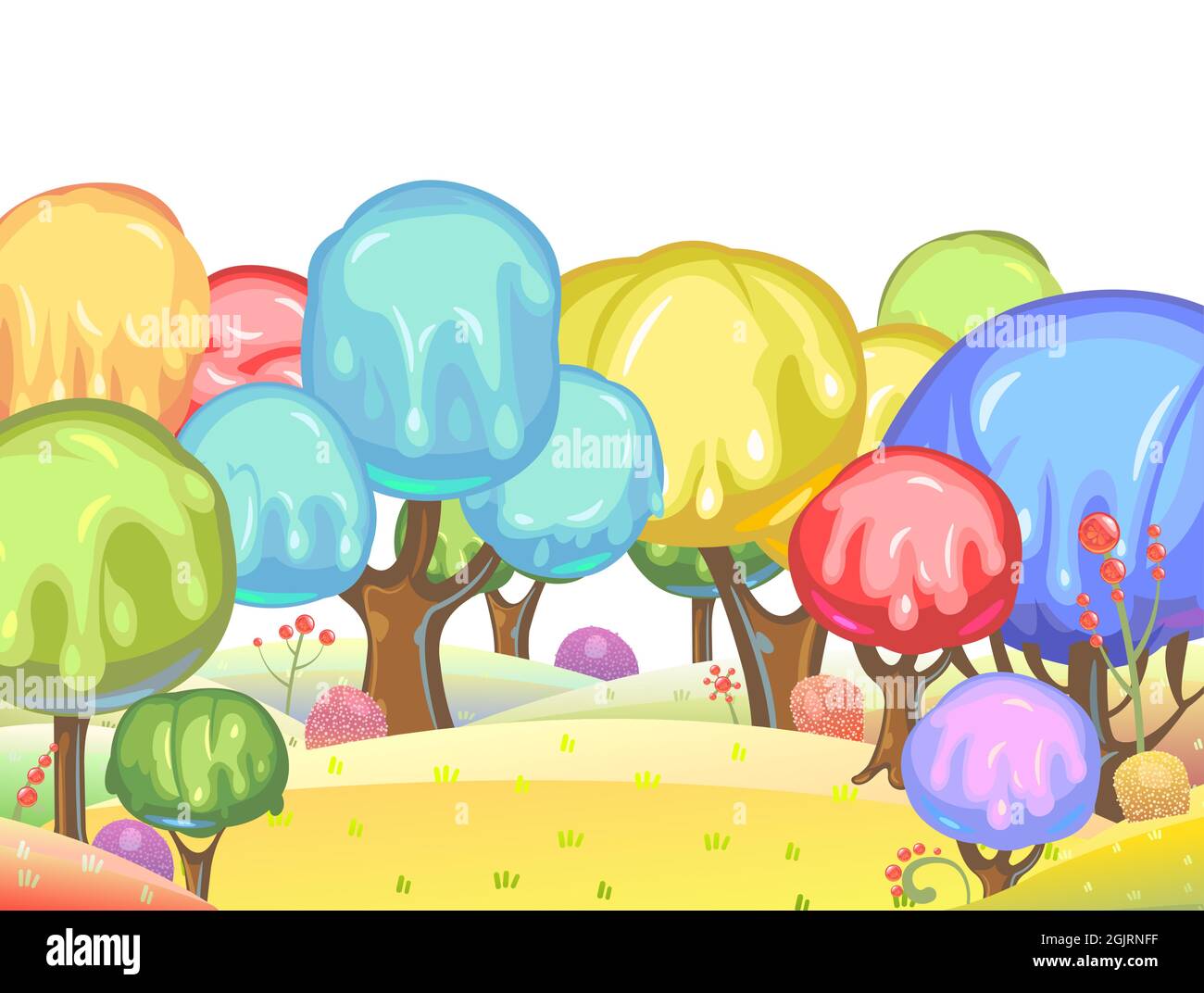 Candy-Hintergrund. Cartoon süßes Land. Perlen aus Gelee, Eis und Karamell. Schokolade. Niedliche Kinder Märchen Landschaft. Abgelegen fantastisch Stock Vektor