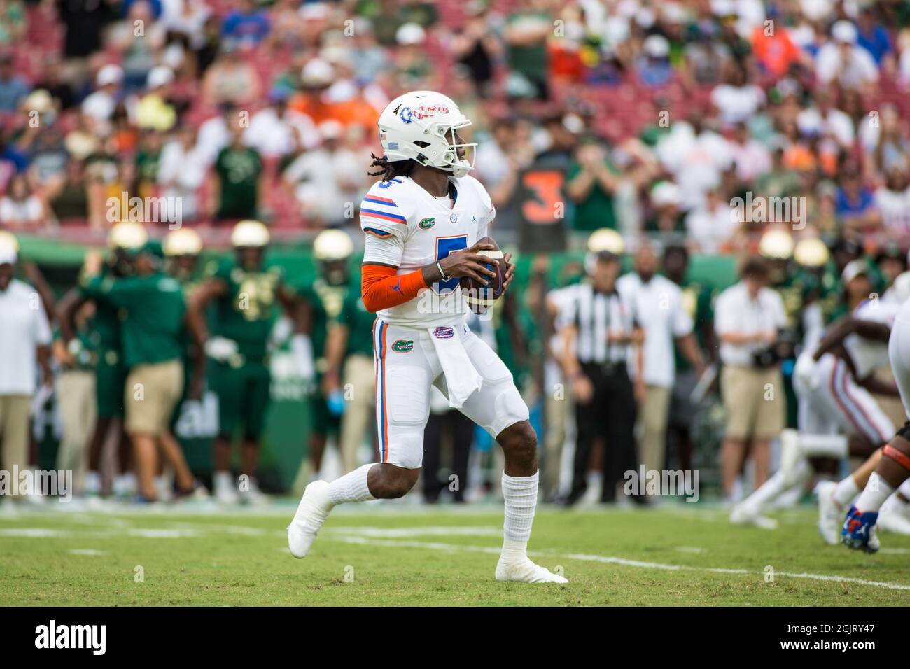 11. September 2021: Florida Gators Quarterback Emory Jones (5) fällt während des NCAA-Fußballspiels zwischen Florida Gators und South Florida Bulls im Raymond James Stadium Tampa, FL, zurück in die Tasche. Die Florida Gators besiegen die South Florida Bulls 42 -20. Jonathan Huff/CSM Stockfoto