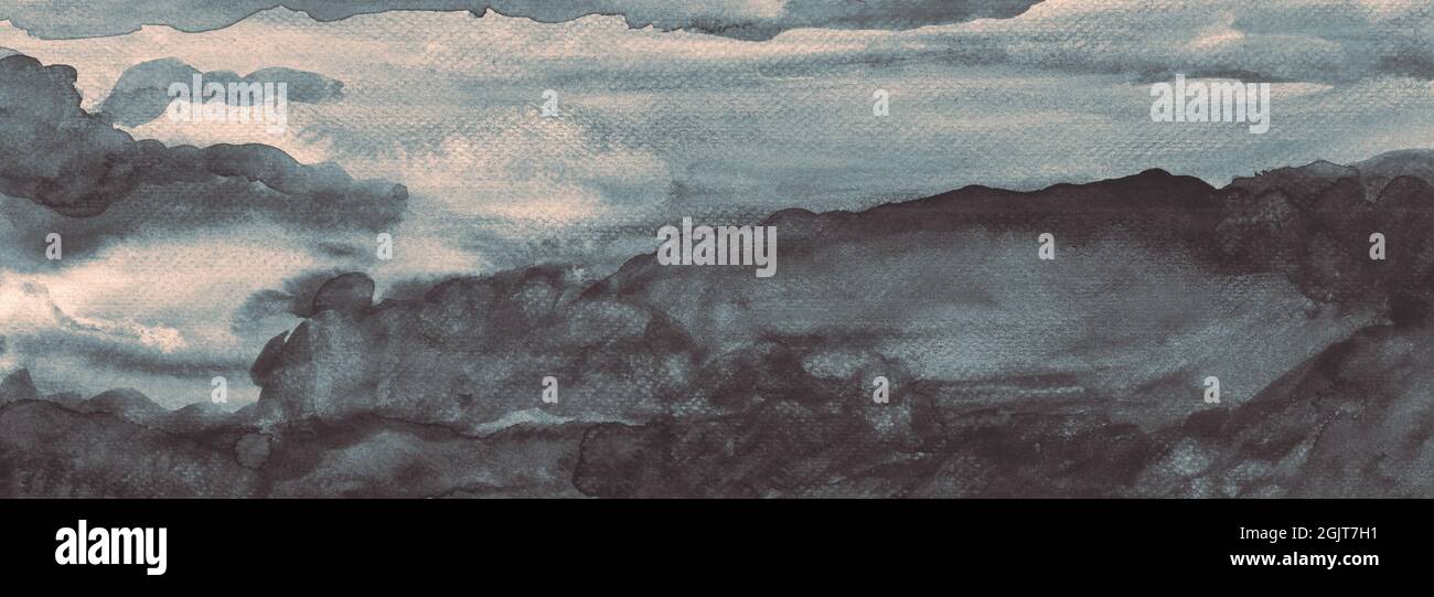 Handgemachte schwarz grau Wolkenlandschaft Textur Aquarell Malerei original Kunstwerk abstrakten Hintergrund Banner. Hochaufgelöste Technik für gescannte Dateien. Stockfoto