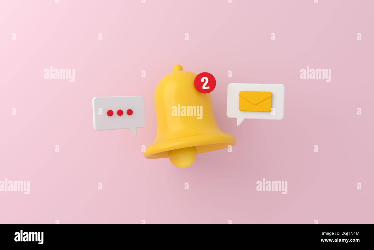 Benachrichtigungsmeldung Glockensymbol mit Nummer 2 und Alarmmeldung auf rosa Hintergrund. 3D-Rendering. Stockfoto