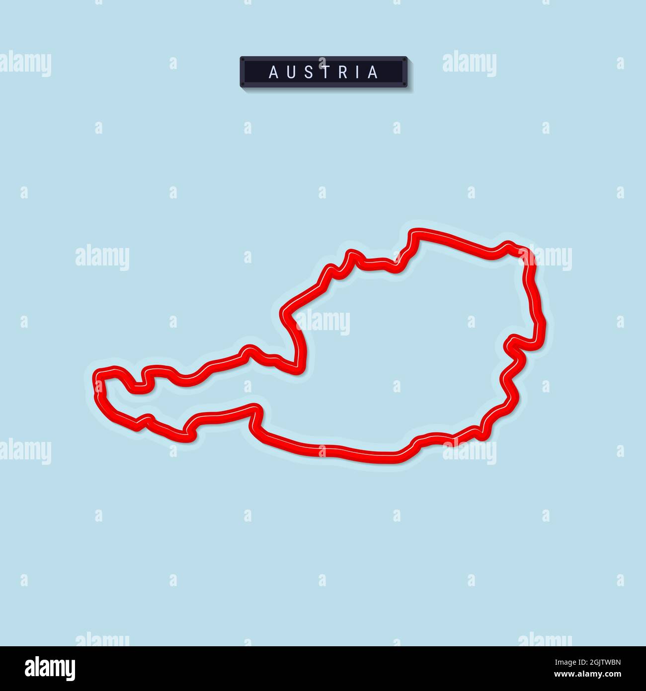 Österreich Bold Outline Karte. Glänzender roter Rand mit weichem Schatten. Länderschild. Abbildung. Stockfoto