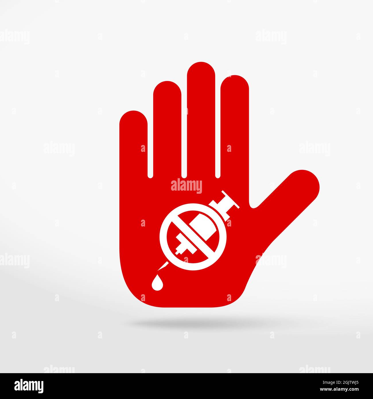 Keine Drogen erlaubt Verbotsschild. Symbol für Stopphand. Kein Symbol, Geste anhalten, verbotenes Symbol auf Weiß isoliert. Illustration. Stockfoto