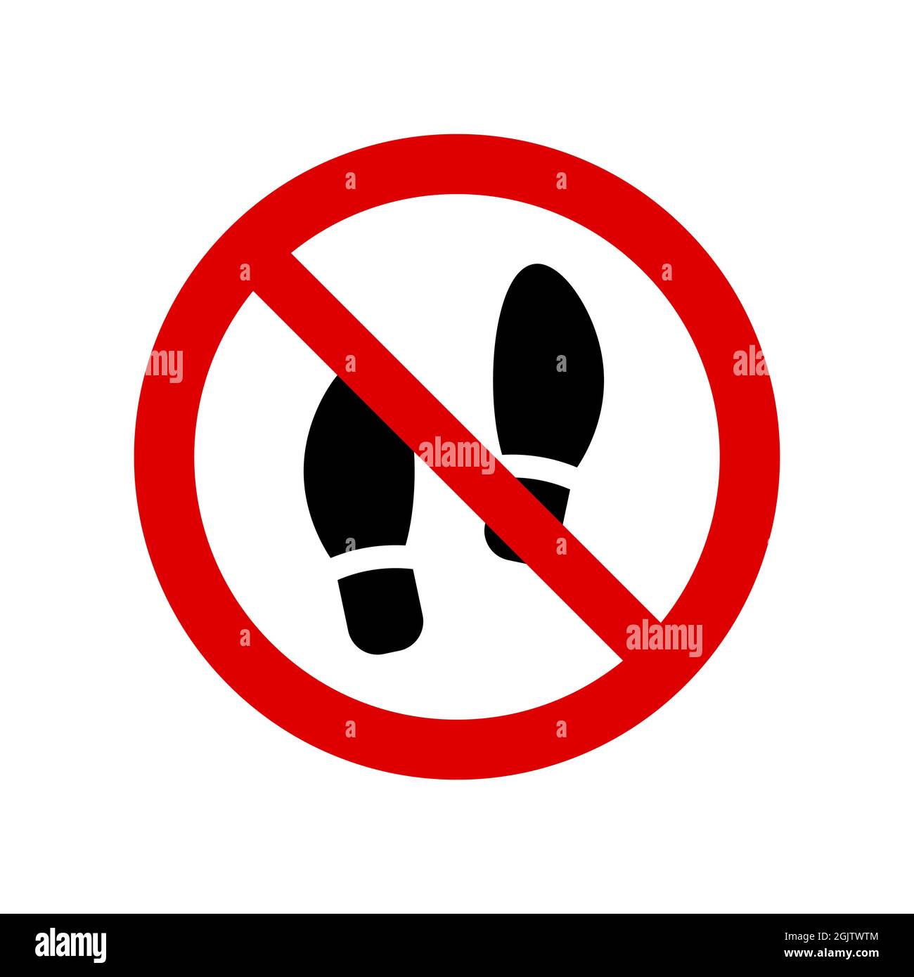 Kein Wanderverbot-Schild. Kein Schuhsymbol, nicht unterschreiben, umgekehrter Schrägstrich, nein, verbotenes Symbol, Nicht tun es Symbol isoliert auf weiß. Illus Stockfoto