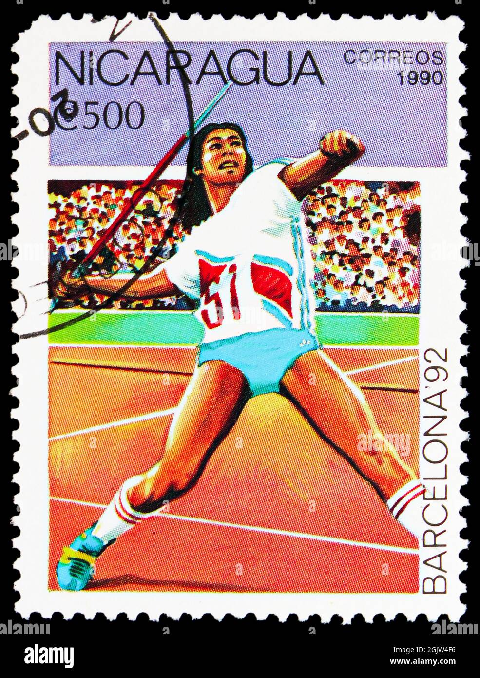 MOSKAU, RUSSLAND - 20. JUNI 2021: Briefmarke gedruckt in Nicaragua zeigt Javelin, Olympische Sommerspiele 1992 - Barcelona Serie, um 1990 Stockfoto
