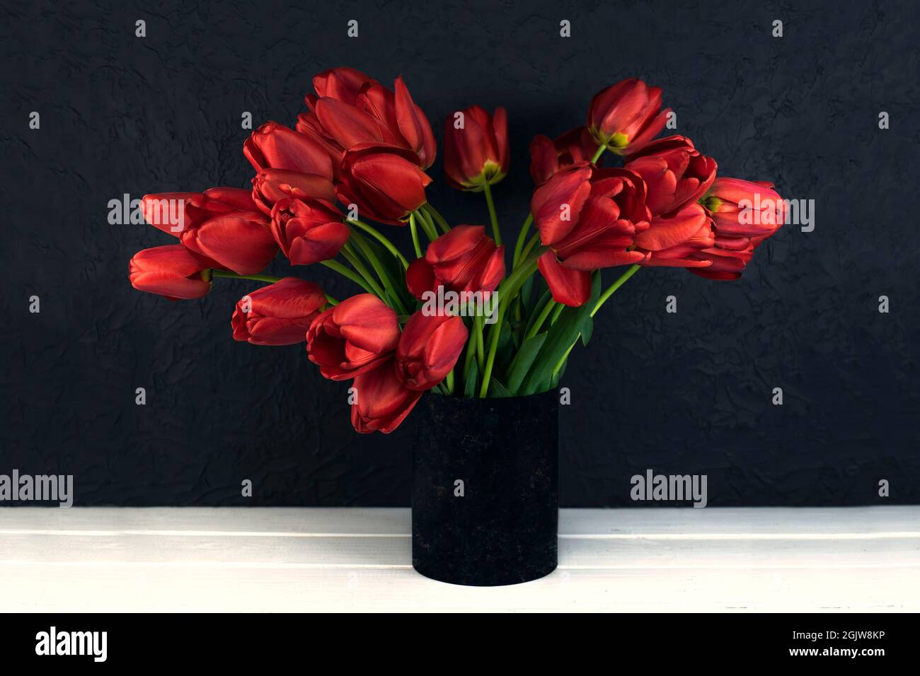Blutrote Tulpen auf dunklem Hintergrund. Weißer Holztisch aus Brettern. Stockfoto