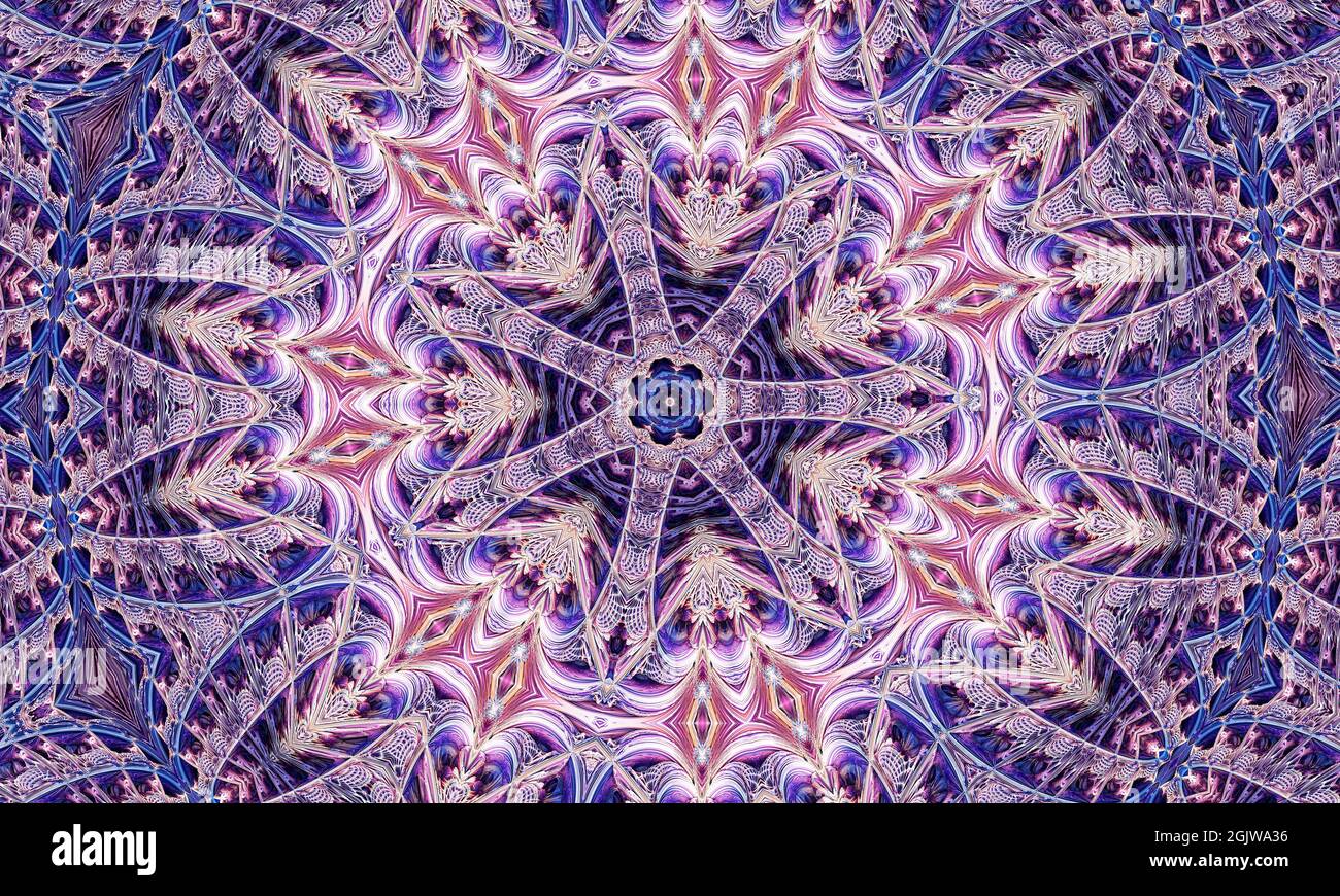 Niedliche Blume Kaleidoskop Porträt mit lila Blau und Grau Farben. Stockfoto