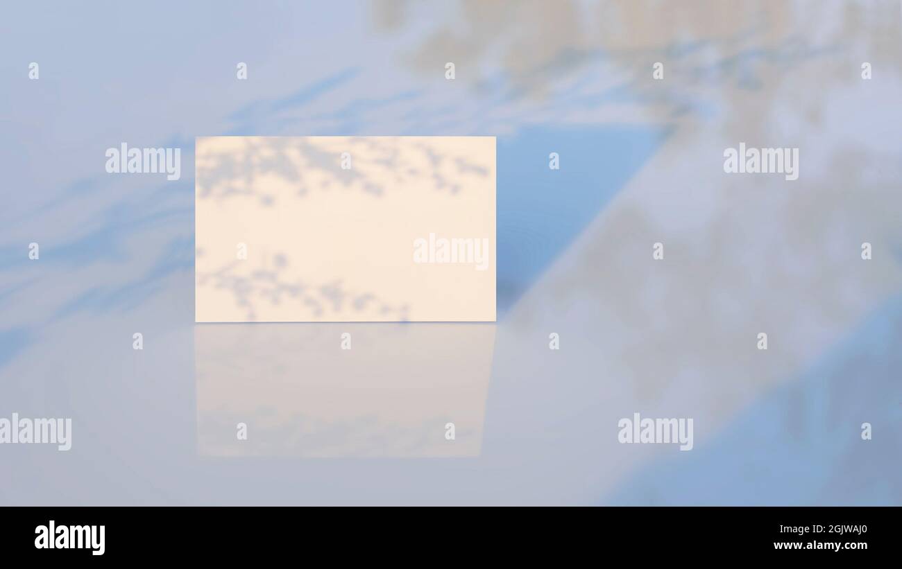 Mockup Poster Flyer zur Präsentation oder Visitenkarte, weißes Papier mit Schatten einer Pflanze auf blauem Hintergrund mit Reflexion in einem modernen Minimalis Stockfoto