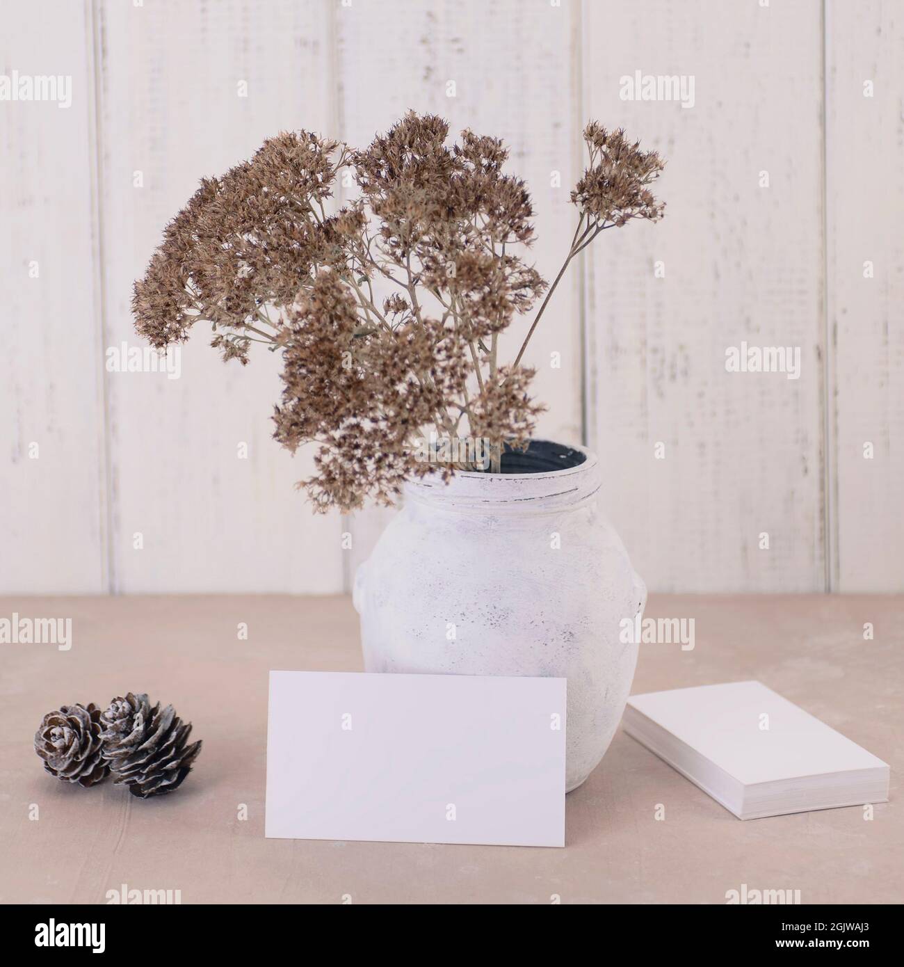 Visitenkarten-Mockup mit einem Strauß trockener Blumen in einer Vintage-Vase und Zapfen vor dem Hintergrund einer weißen Holzwand Stockfoto