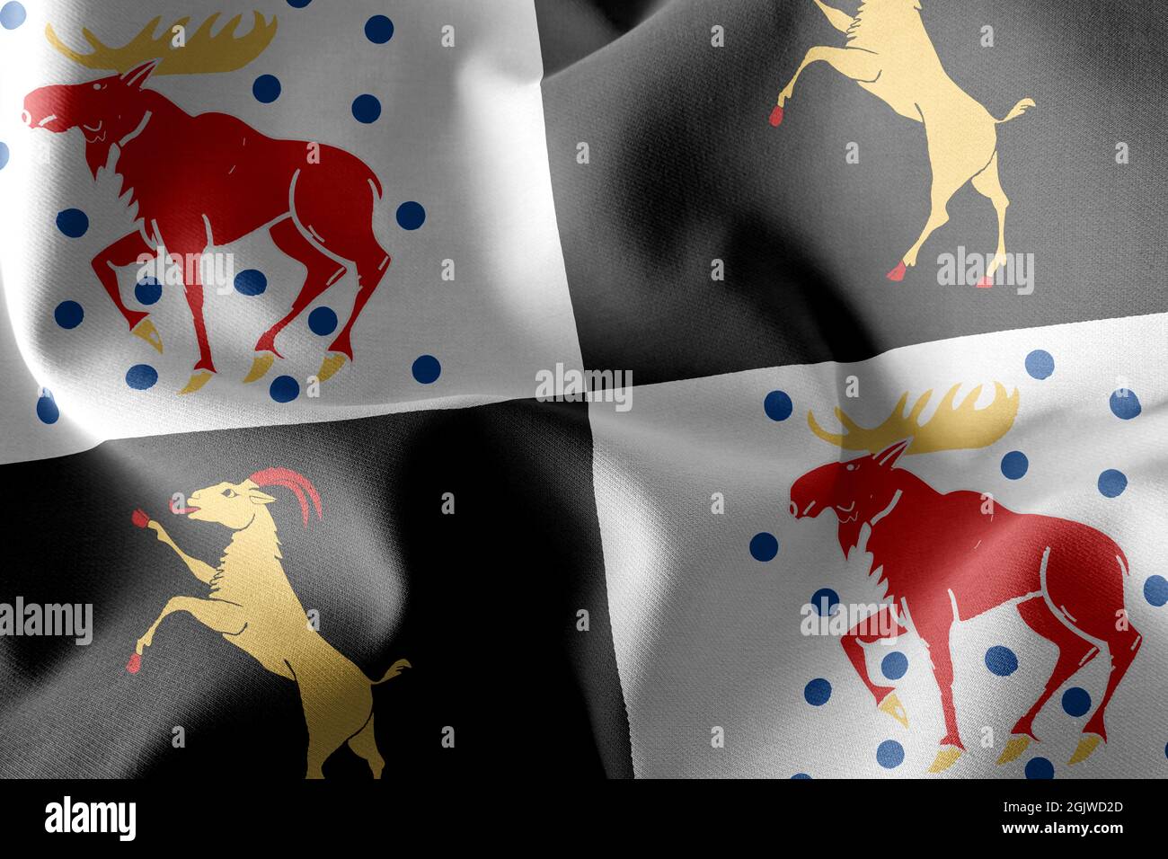 3D Illustration Flagge von Gavleborg ist eine Region von Schweden. Winken auf dem textilen Hintergrund der Windfahne Stockfoto