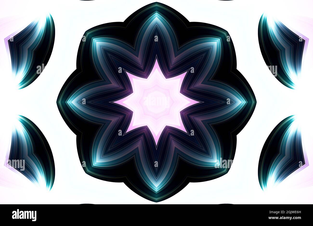 Abstraktes Silber- und hellrosa Strukturmuster mit Kaleidoskop-Effekt. Symmetrische geometrische Ornament für digitales Papier, Tapete Hintergrund-Design, o Stockfoto