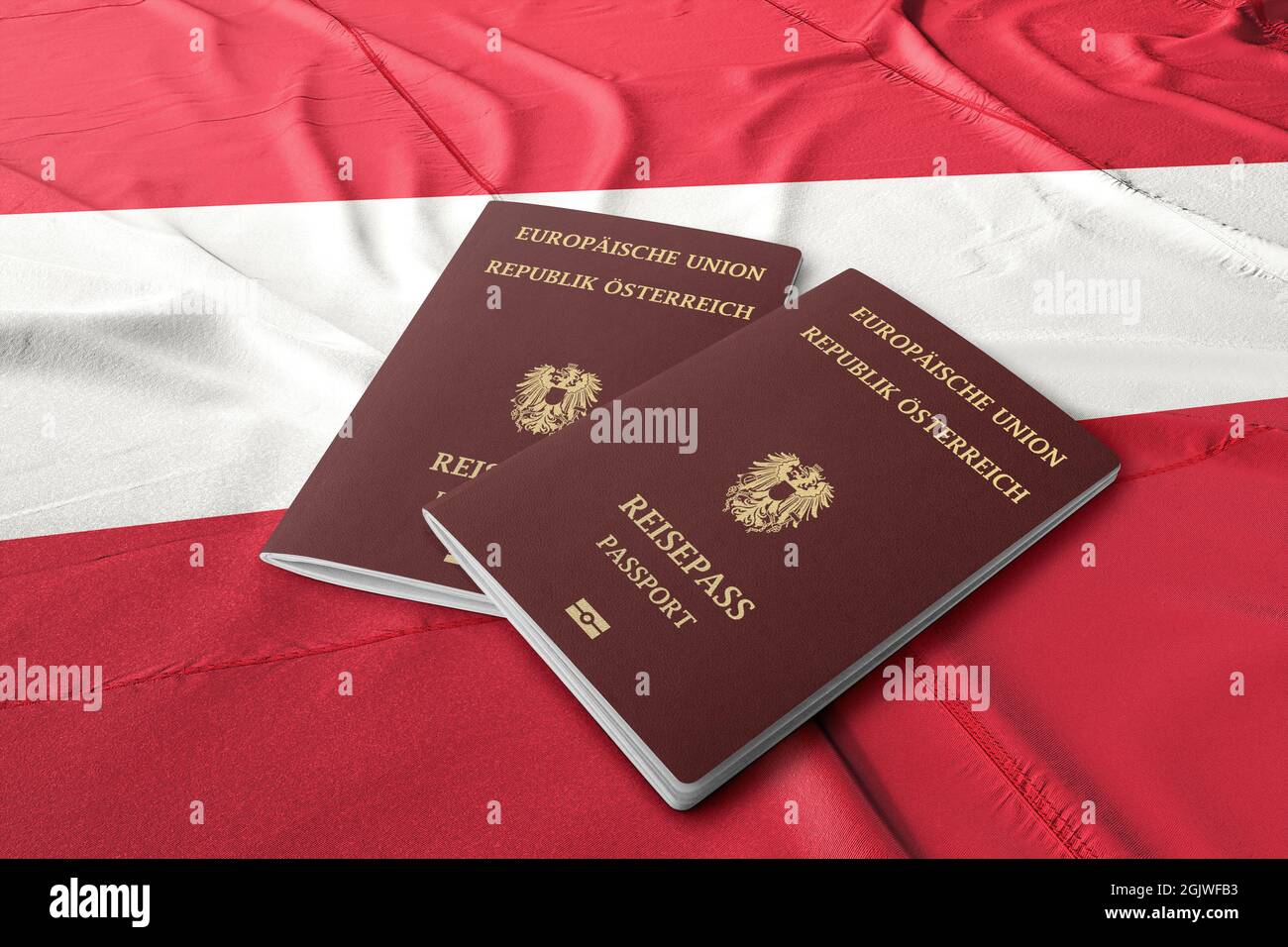 österreich-Pass auf der Flagge, top shot, der Pass ist die Staatsbürgerschaft der Bürger Stockfoto