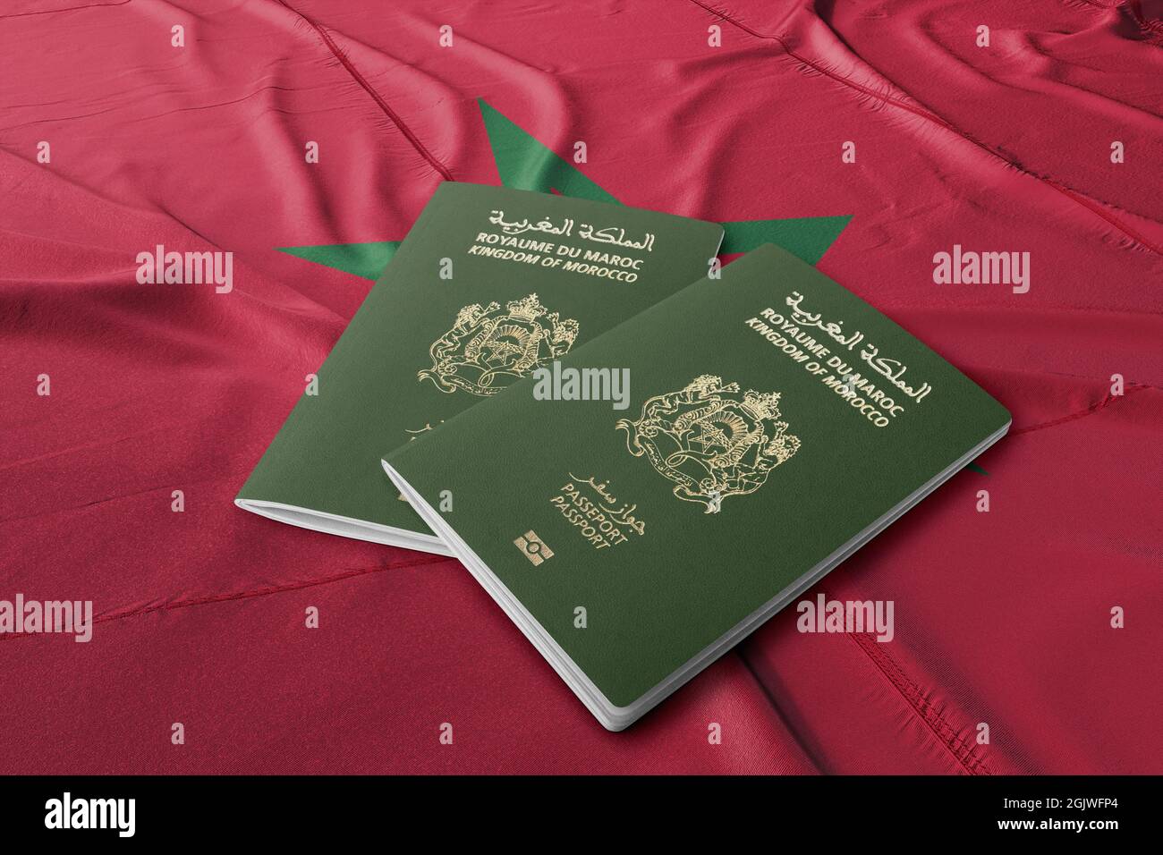marokko Pass auf seiner Flagge, top shot, der Pass ist die Staatsbürgerschaft der Bürger Stockfoto