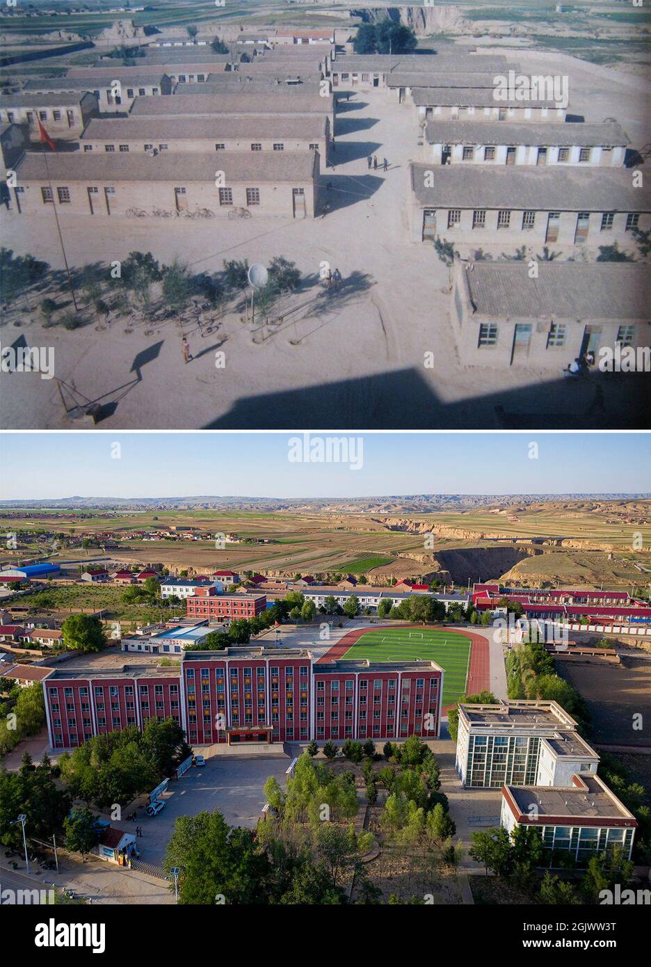 (210912) -- YINCHUAN, 12. September 2021 (Xinhua) -- Combo-Foto aufgenommen im Mai 2003 (oben, Datei-Foto) und am 21. Juni 2021 (unten, Drohnenfoto aufgenommen von Yang Zhisen) zeigt die Tongxin Mittelschule Nr. 3 in der Gemeinde Yuwang im Bezirk Tongxin, nordwestlich der Autonomen Region Ningxia Hui in China. (Xinhua) Stockfoto