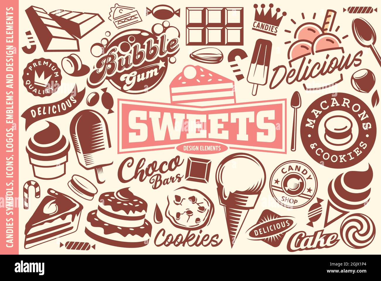 Süßigkeiten, Desserts. Eis, Kuchen, Süßigkeiten und Cookies Sammlung von Logos, Grafiken, Symbole, Embleme Symbole und Design-Elemente. Vektor für süße Lebensmittel Stock Vektor