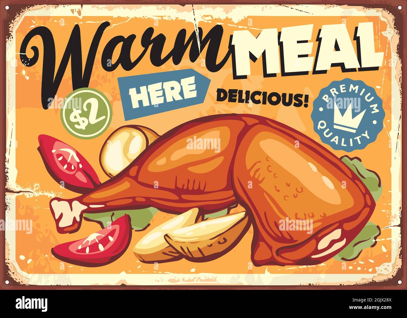 Werbung für geröstete Hähnchen-Drumstick-warme Speisen im Retro- Vintage Restaurant Schild mit Hühnerfleisch, Kartoffeln und Tomatensalat. Vektorbild Lebensmittel Stock Vektor