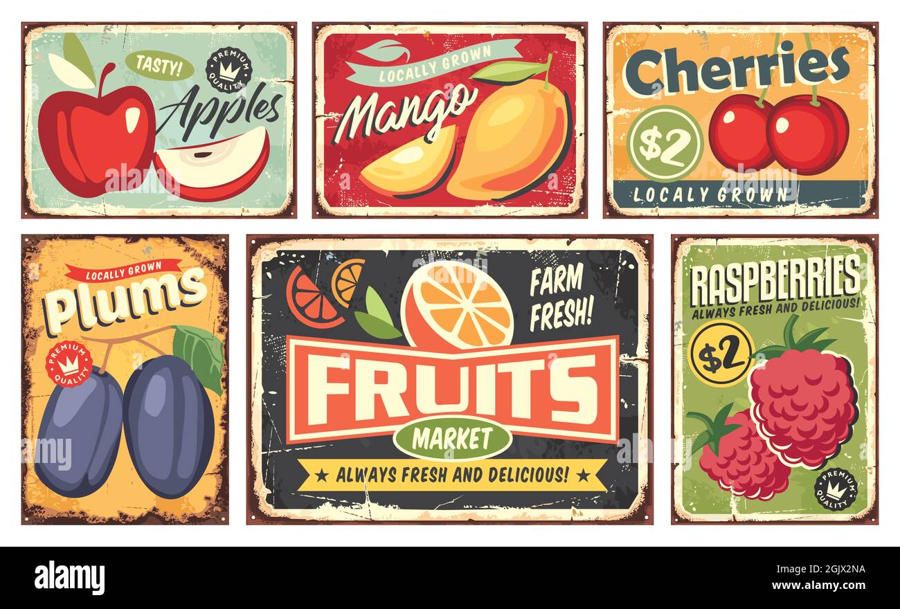 Obstmarkt Vintage Zeichen Kollektion. Retro-Poster-Set aus Apfel, Mango, Kirsche, Orange, Pflaume und Himbeere. Obstplantage und Bauernhof Vektoren und Zeichen Stock Vektor