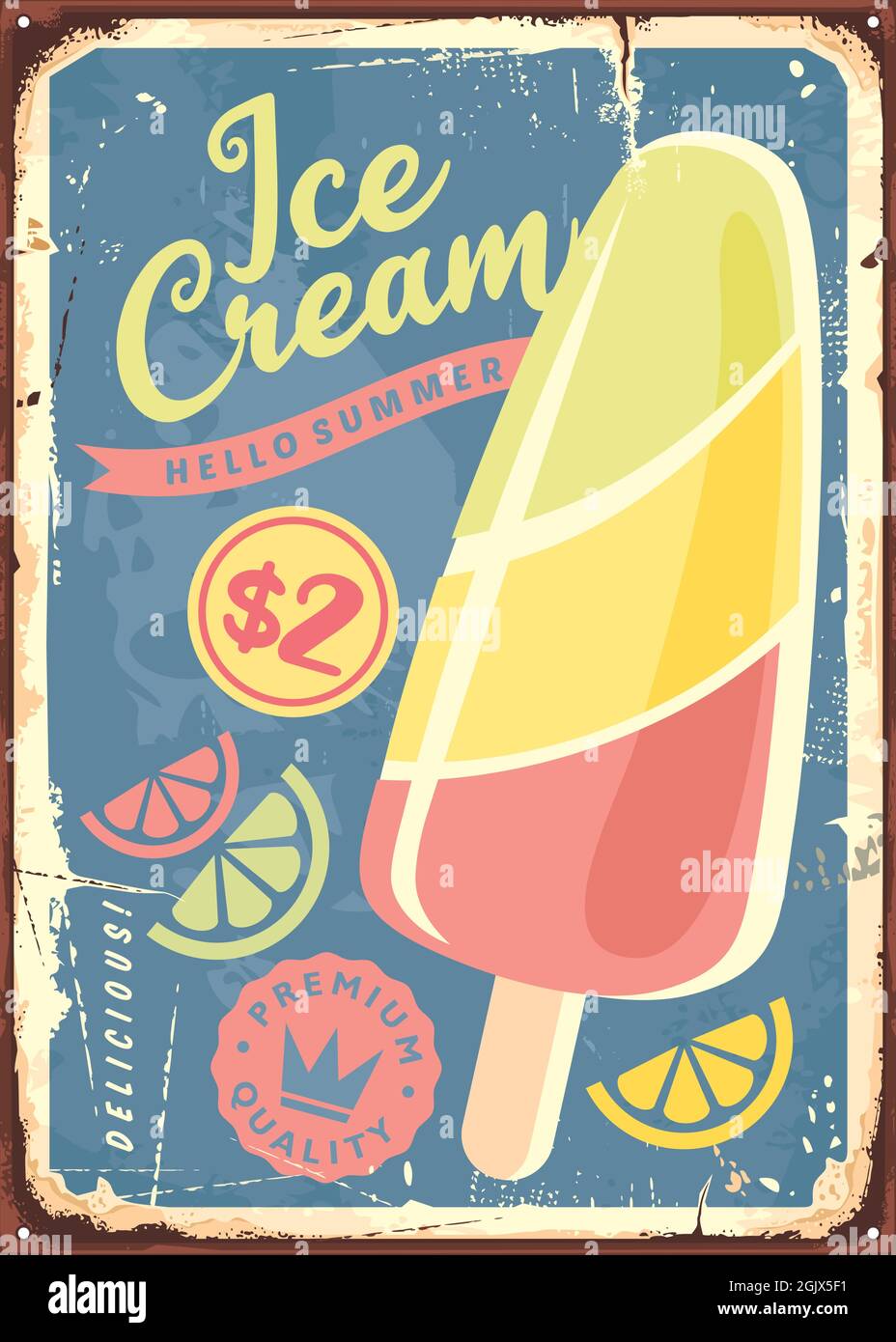 Eiscreme auf einem Retro-Werbeposter mit funky bunten Designelementen. Zitrusaromen Eiscreme vintage Zeichen. Vektorgrafiken für süße Lebensmittel. Stock Vektor