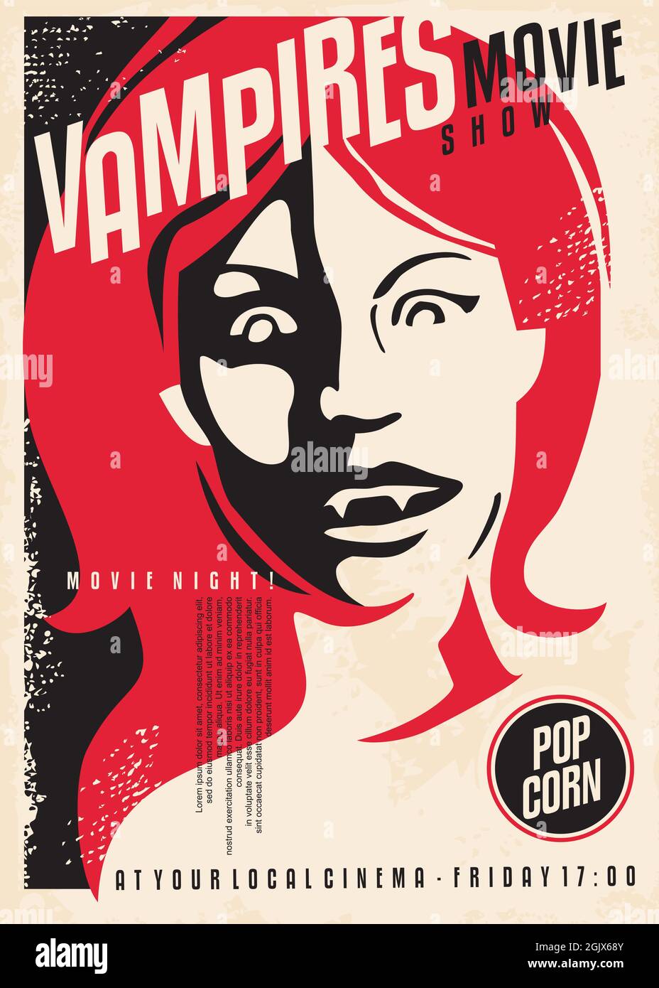 Vampire Horrorfilm zeigen Retro Kino Poster Design auf alten Papiertextur. Vintage Filmposter mit rotem Haar weibliches Vampir-Portrait Stock Vektor