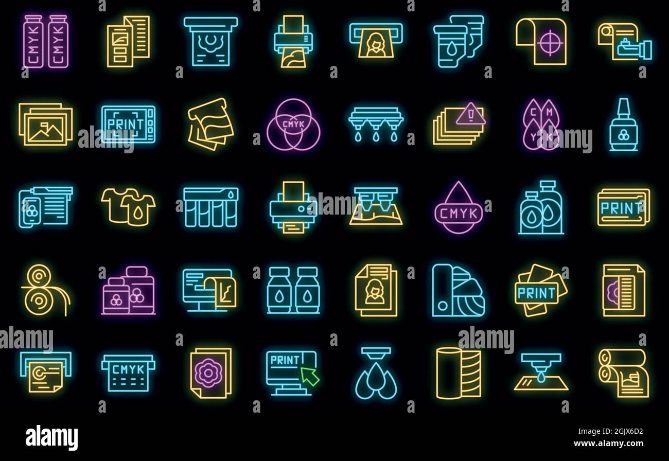 Symbole für Digitaldruck eingestellt. Umreiß eine Reihe von Vektorsymbolen für den Digitaldruck in Neonfarbe auf Schwarz Stock Vektor