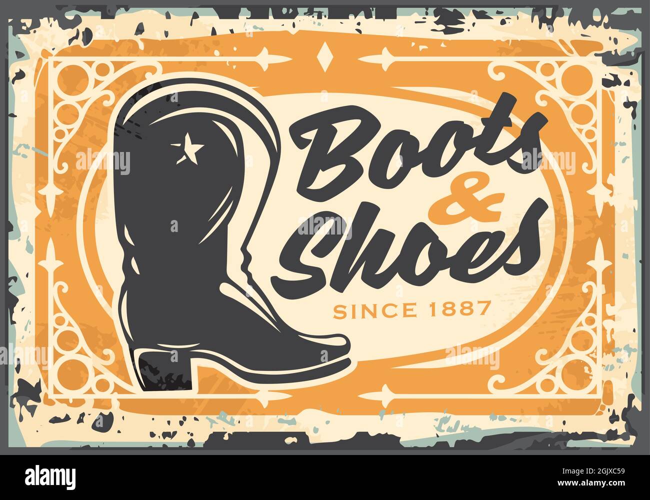 Stiefel und Schuhe antikes Ladenschild mit Cowboy-Stiefel und dekorativen Ornamenten. Vektorgrafik Lederstiefel Stock Vektor