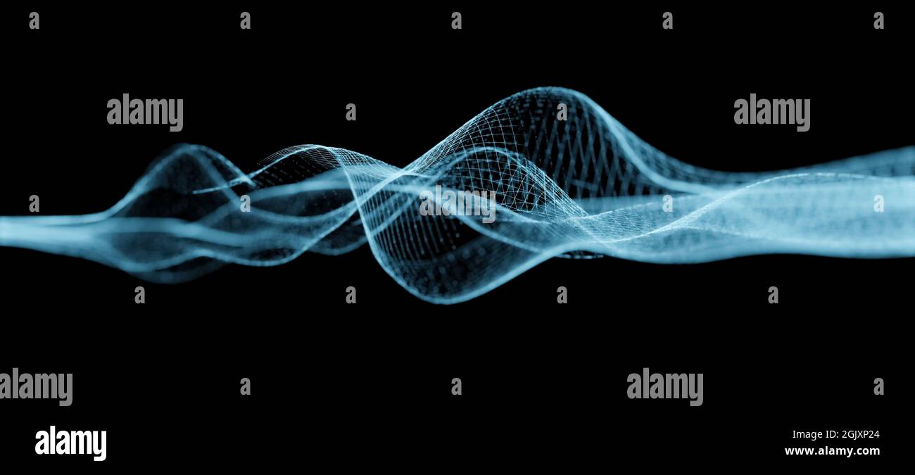Blaue Schallwellen mit unterschiedlicher Frequenz oder Wellenlänge, leuchtende Farben vor schwarzem Hintergrund, konzeptuelle Wissenschaft oder Forschungshintergrund Stockfoto