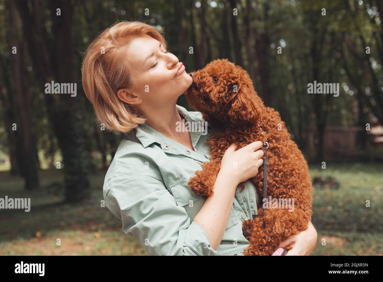 Niedlicher gähnender Hund in den Armen der Besitzerin Stockfoto