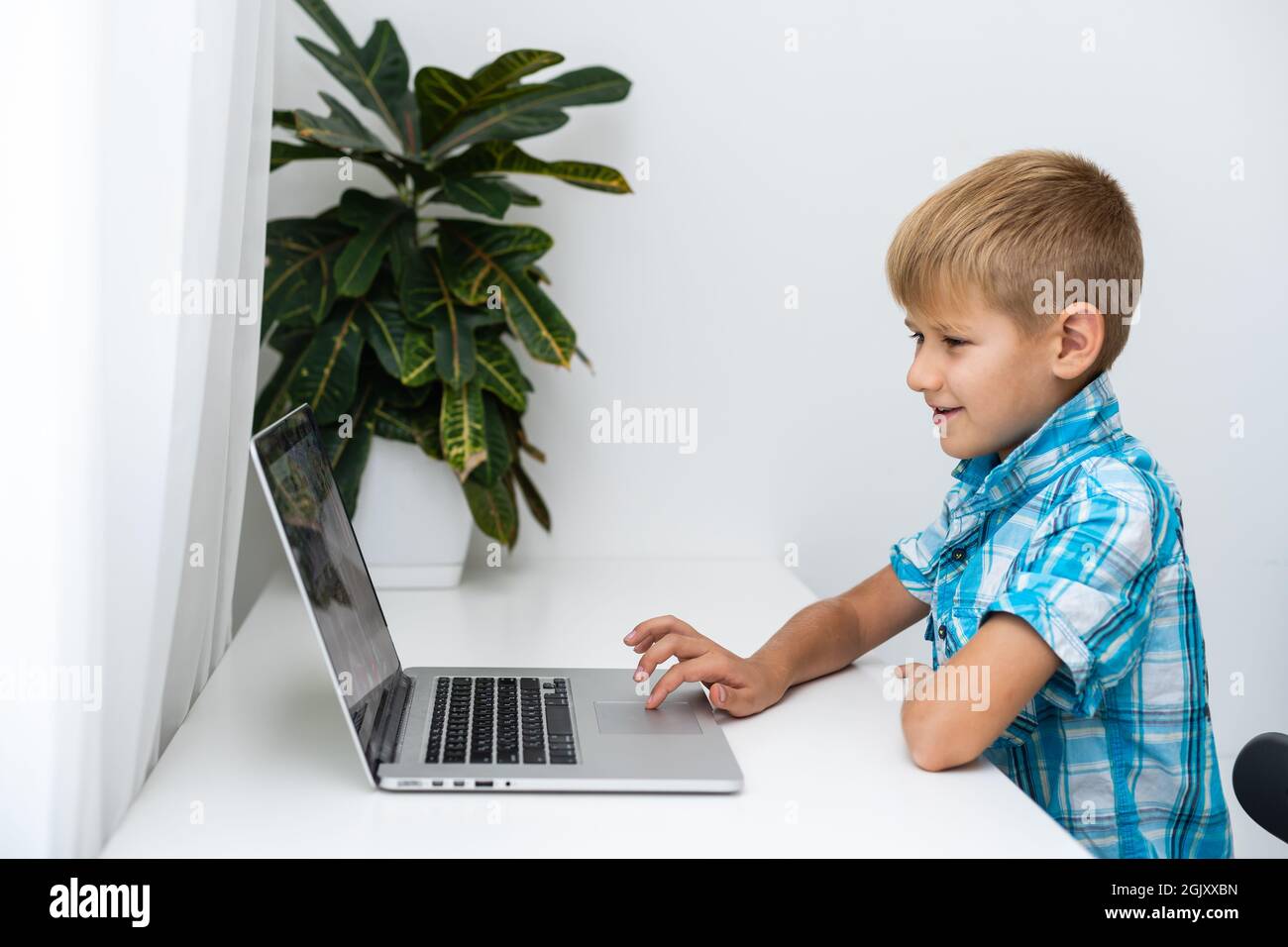 Junge Videokonferenzen mit Tutor auf Laptop zu Hause. Fernunterricht. Stockfoto