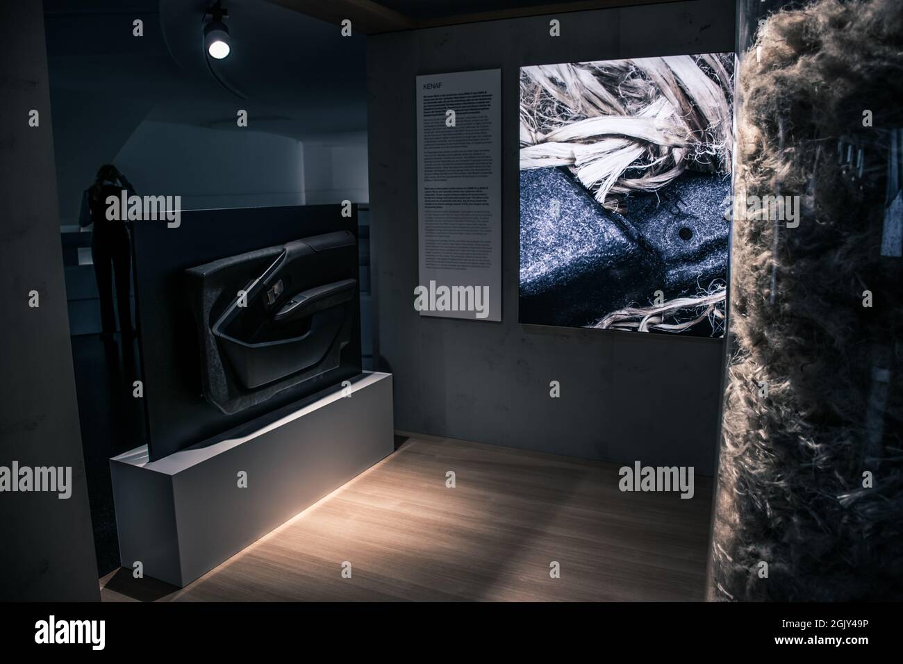 Ausstellung für innovative Elektrofahrzeuge und Recycable-Materialien wie Kohlenstoffeukalyptusgewebe und andere Stockfoto