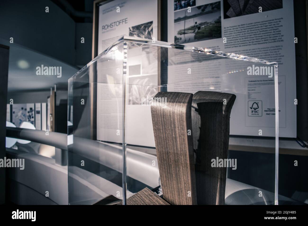 Ausstellung für innovative Elektrofahrzeuge und Recycable-Materialien wie Kohlenstoffeukalyptusgewebe und andere Stockfoto