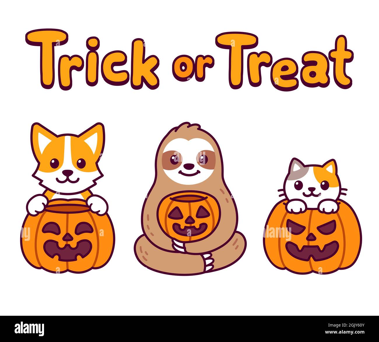 Niedliche Cartoon-Tiere mit Halloween Kürbissen und Text Trick or Treat. Corgi Hund, Faultier und Katze. Lustige Zeichen gesetzt, Vektor Clip Art Illustration. Stock Vektor