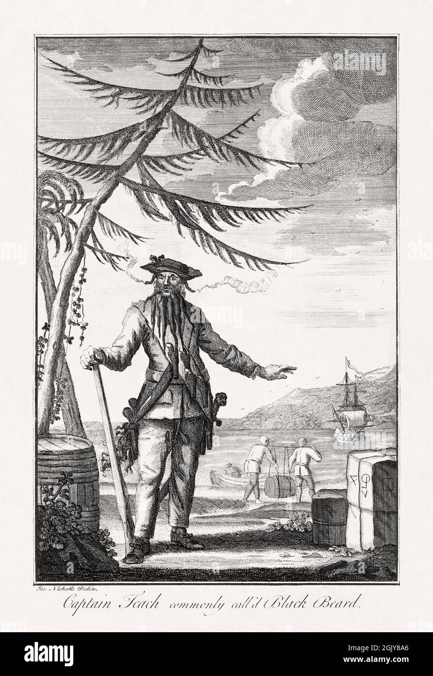 Illustration des Kapitäns Teach alias Black-Beard, die 1736 von Joseph Nicholls angefertigt wurde, um ein Buch über Piratentum zu illustrieren, das von Daniel Defoe geschrieben wurde. Stockfoto