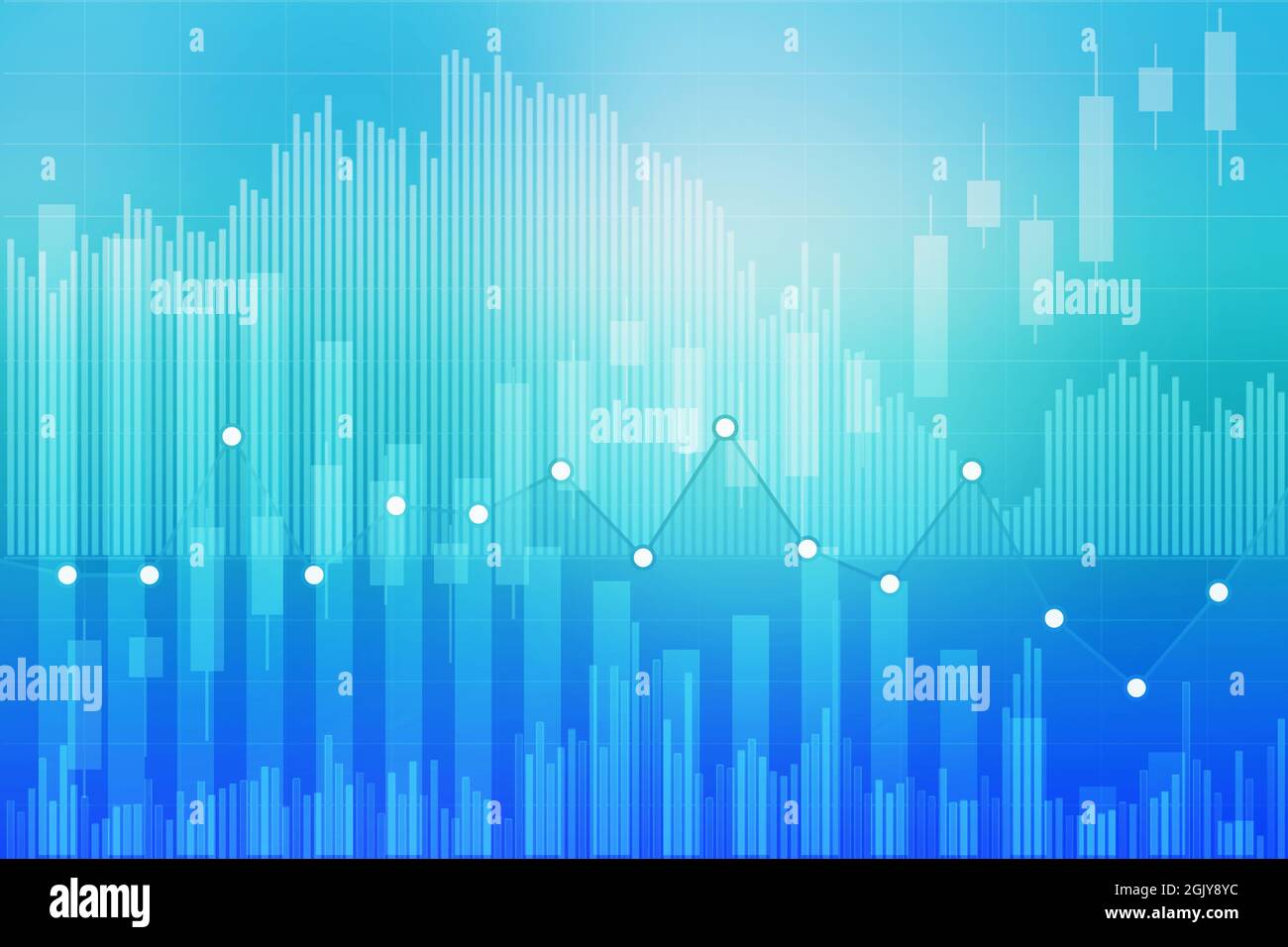 Finanzieller Hintergrund des Aktien- und Derivatemarktes, Grafiken, Diagramme, Spalten, Linien, Kerzen in blauer Farbe. Trend nach oben und unten. 3D-Illustration. Finan Stockfoto