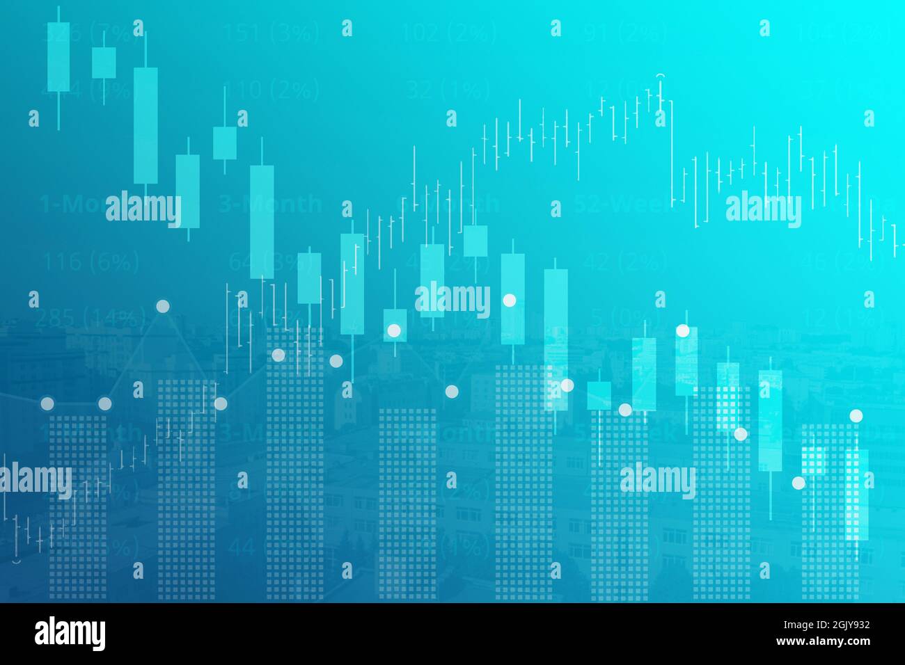 Finanzhintergrund des Aktien- und Derivatemarktes, Grafiken, Diagramme, Säulen, Kerzen, Balken, Linien, Zahlen in Blau und Farbe. Trend nach oben und unten. 3D Stockfoto