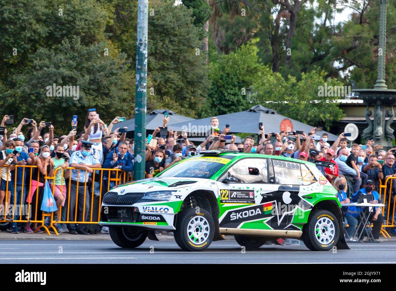 Rennwagen Skoda Fabia Evo WRC, Toksport WRT Team, während der ersten Etappe der Rallye Acropolis 2021, die in Athen, Griechenland, stattfand. Stockfoto