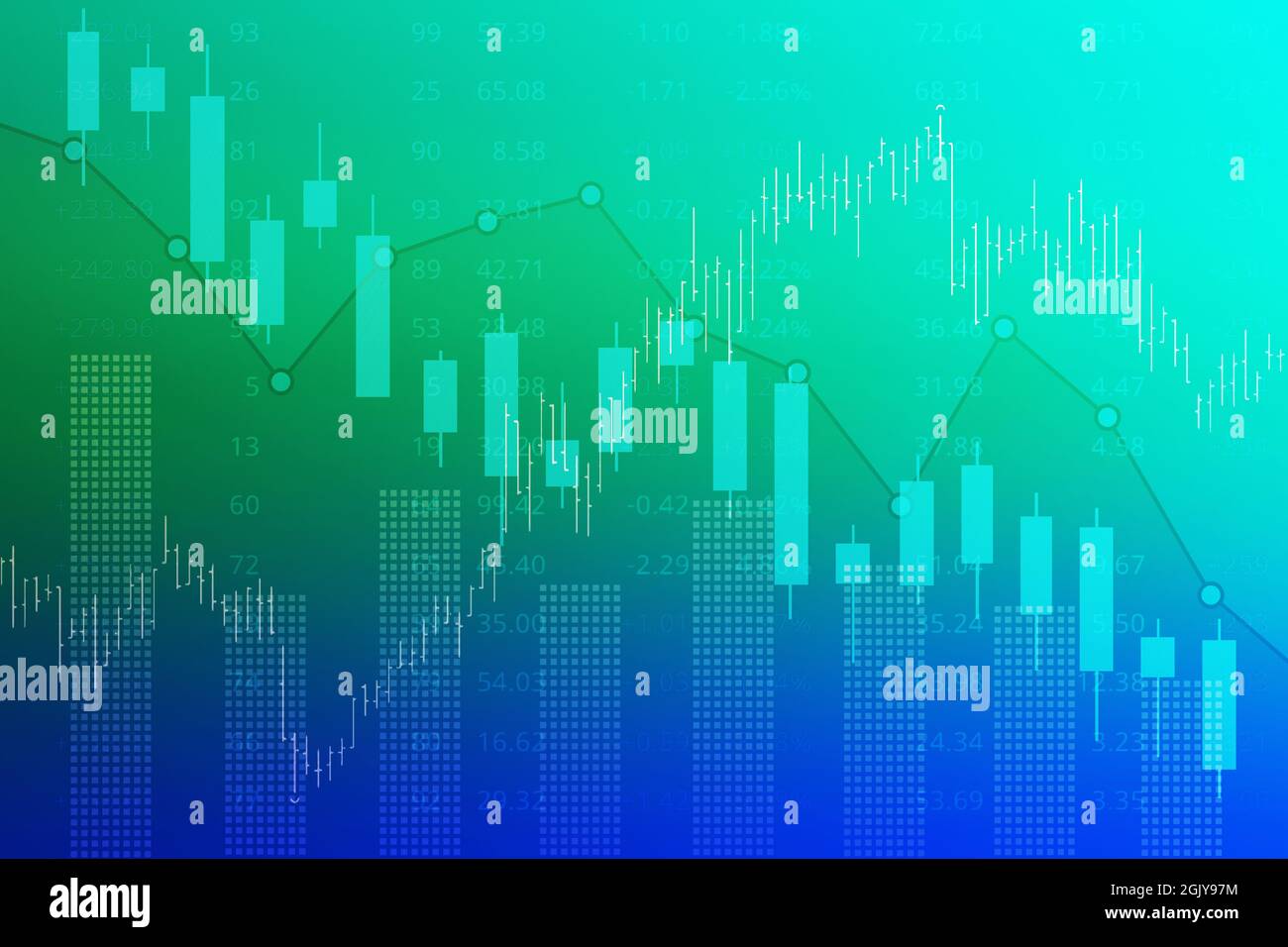 Finanzhintergrund des Aktien- und Derivatemarktes, Grafiken, Diagramme, Säulen, Kerzen, Balken, Linien, Zahlen in blauen und grünen Farben. Trend nach oben und tun Stockfoto