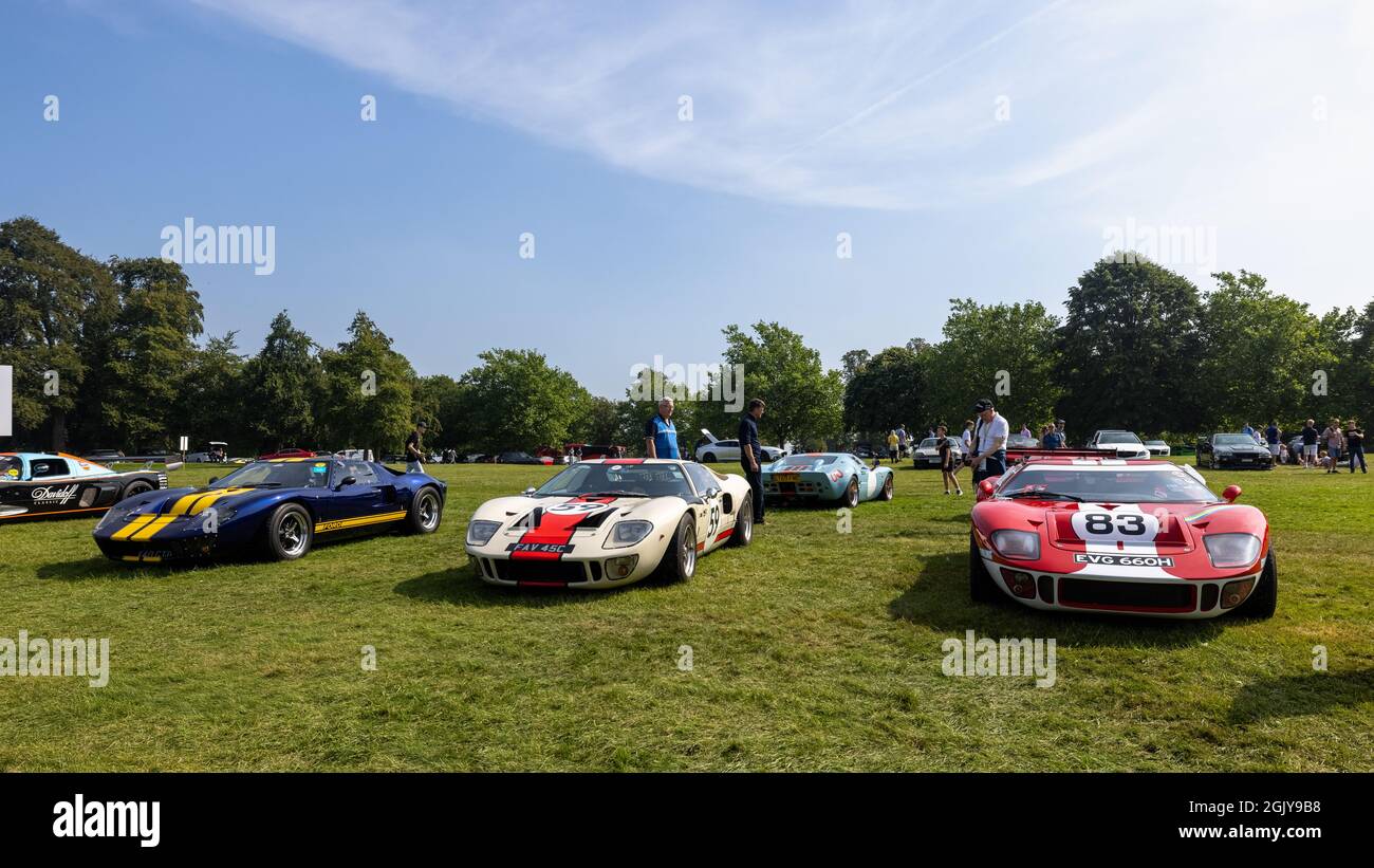 GT40 Enthusiasts Club - atemberaubende Sammlung von GT40-Rennwagen auf der Blenheim Palace Motorshow in Oxfordshire am 5. September 2021 Stockfoto