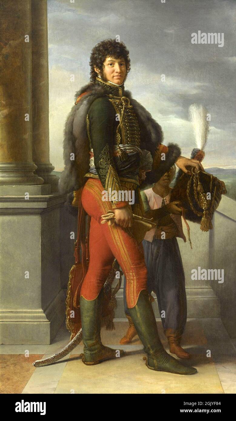 Marschall Joachim Murat kleidete sich in der Uniform eines Husaren. Napoleons vertraute Maréchals. Napoleon förderte seine Männer nur durch Verdienst, nicht durch ihren Titel, der ihm während der Napoleonischen Kriege eine gewaltige Armee gab. Gemälde von François Gérard. Murat war der Sohn eines Gastwirts. Stockfoto