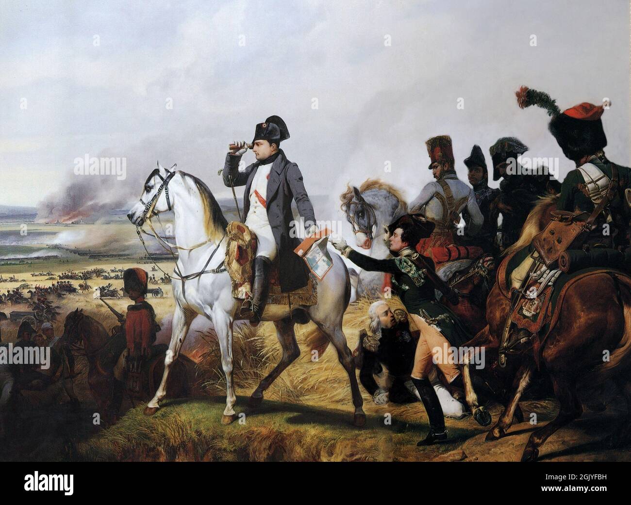 Napoleons vertraute Maréchals. Napoleon förderte seine Männer nur durch Verdienst, nicht durch ihren Titel, der ihm während der Napoleonischen Kriege eine gewaltige Armee gab. Napoleon bei der Schlacht von Wagram, gemalt von Horace Vernet (1836). Hinter ihm steht Marschall Bessières, der nach dem Tod seines Pferdes zu Boden geworfen wird Stockfoto