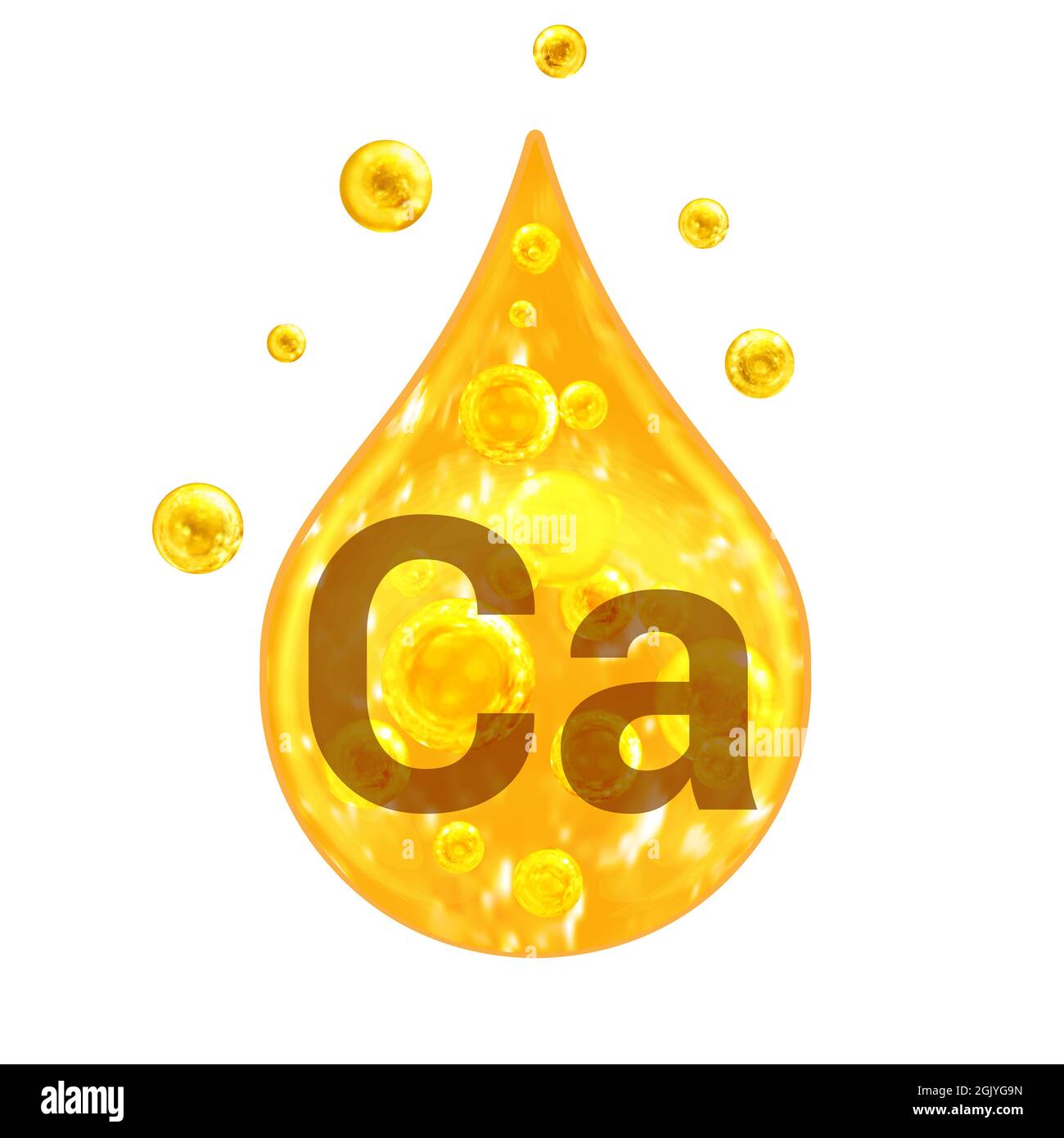 Mineralvitaminkomplex. Mineral Ca. Kalzium. Golden Drop und goldene Kugeln isoliert auf weißem Hintergrund. Gesundheitskonzept. Ca Calcium. Stockfoto