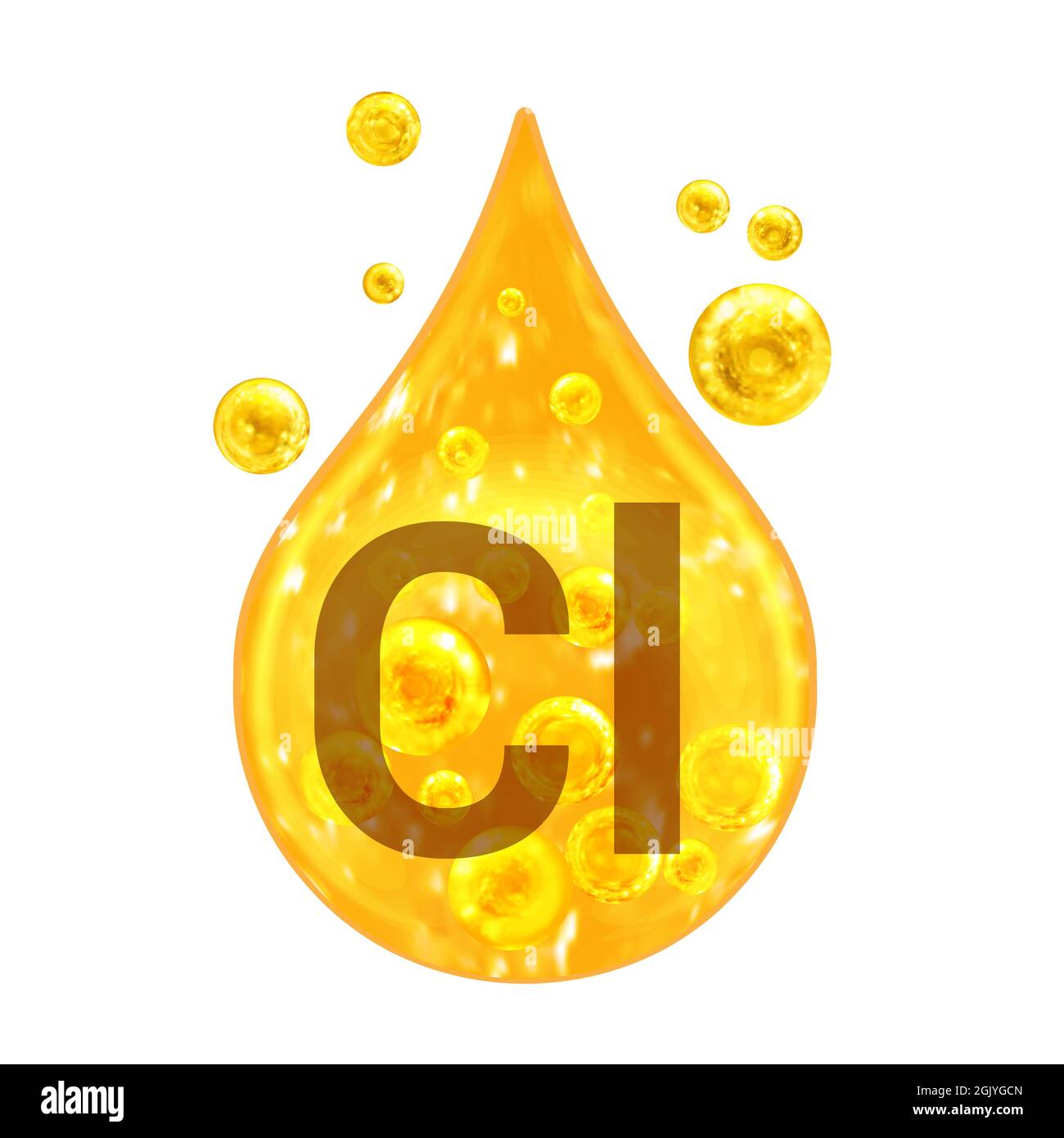 Mineralvitaminkomplex. Mineralöl Kl. Chlor. Golden Drop und goldene Kugeln isoliert auf weißem Hintergrund. Gesundheitskonzept. Cl Chlor. Stockfoto