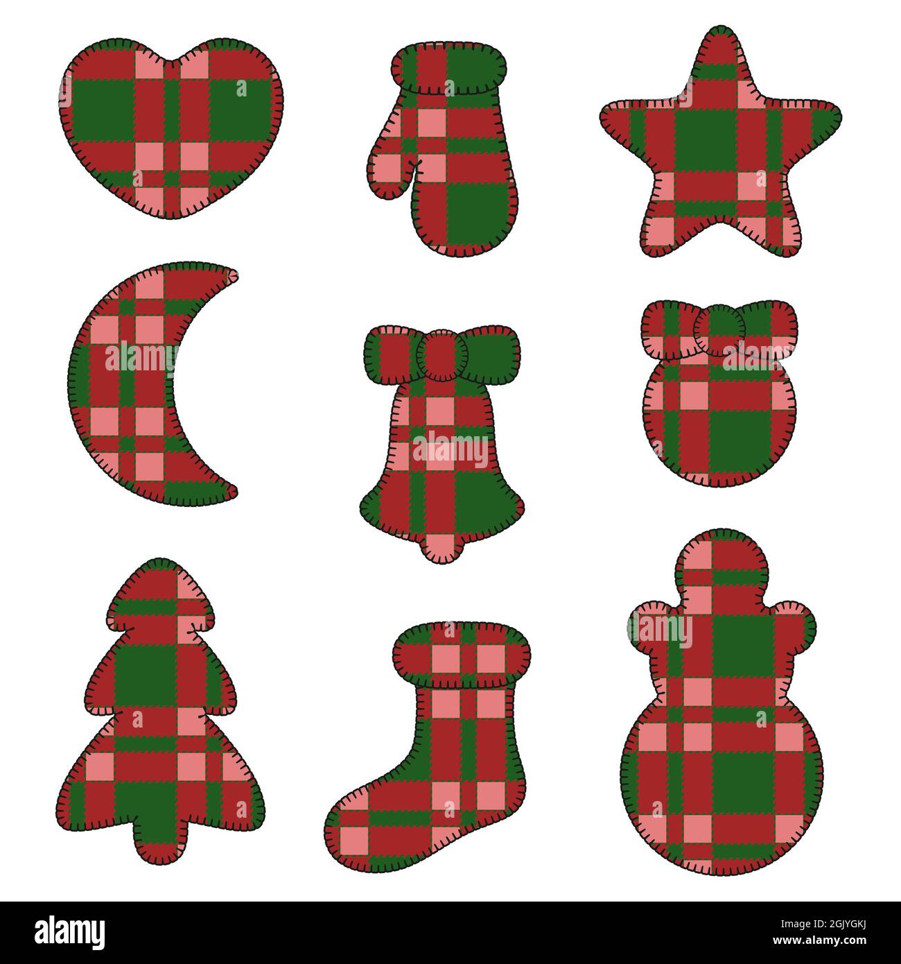 Neujahr Symbole Filzspielzeug aus Stoff Tartan. Satz isolierter vektorfarbener Objekte. Stock Vektor