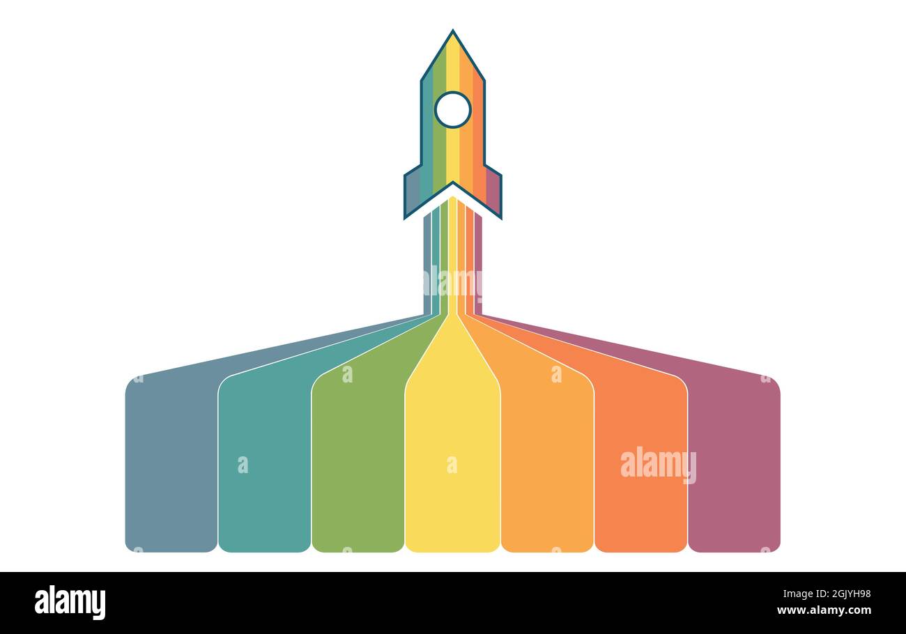 Infografik zum Starten der Datenvorlage. 7 Positionen. Weißer Hintergrund. Raketenwerfer und bunte Streifen mit Platz für Text Stockfoto