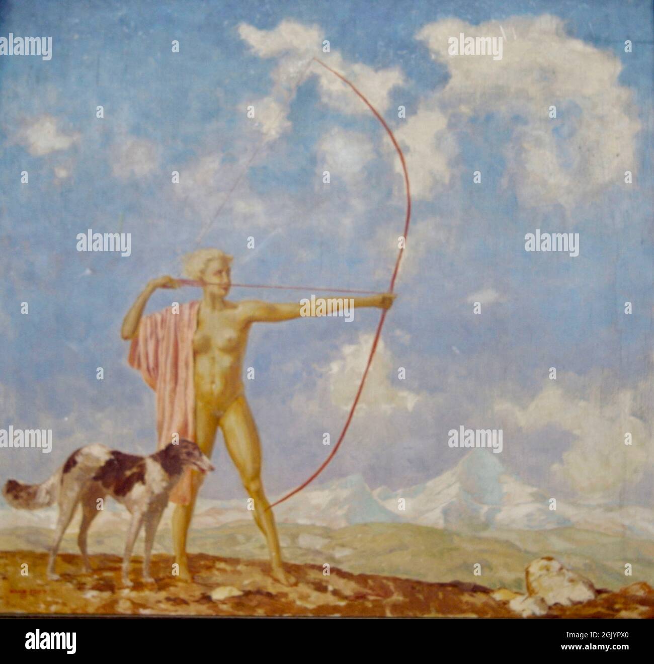 Max Frey Artwork - Diana - The Huntress - 1920 - Diana mit Hund an der Seite zieht an ihrem Bogen. Stockfoto