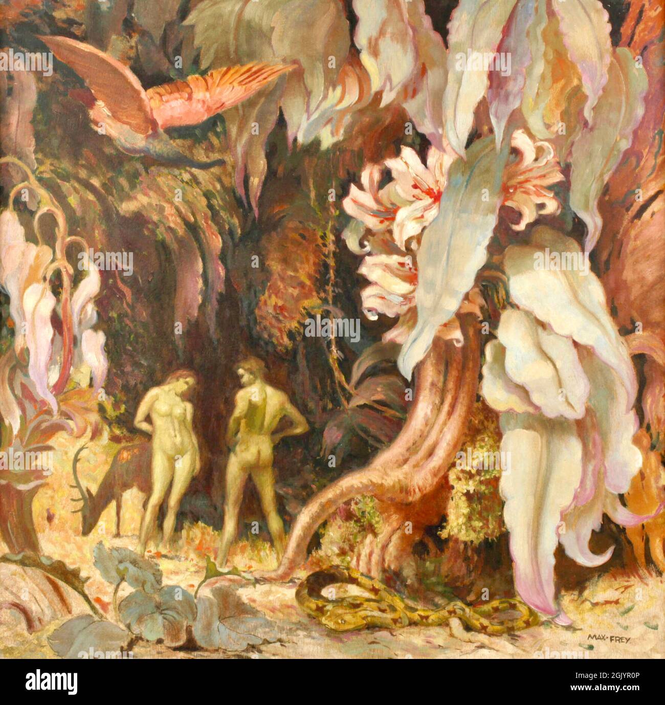 Max Frey Kunstwerk - Paradies - um 1930 - Adam und Eva im Garten Eden, umgeben von übergroßen Blumen, Blättern und Tieren. Stockfoto