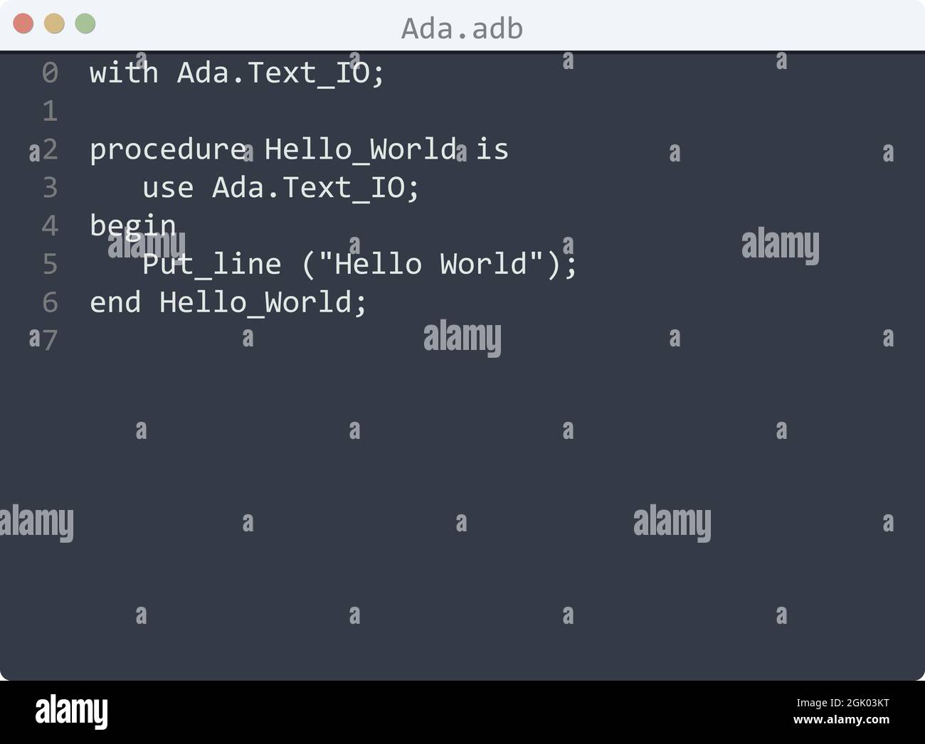 Ada Sprache Hello World Programm Beispiel in Editor-Fenster Illustration  Stock-Vektorgrafik - Alamy