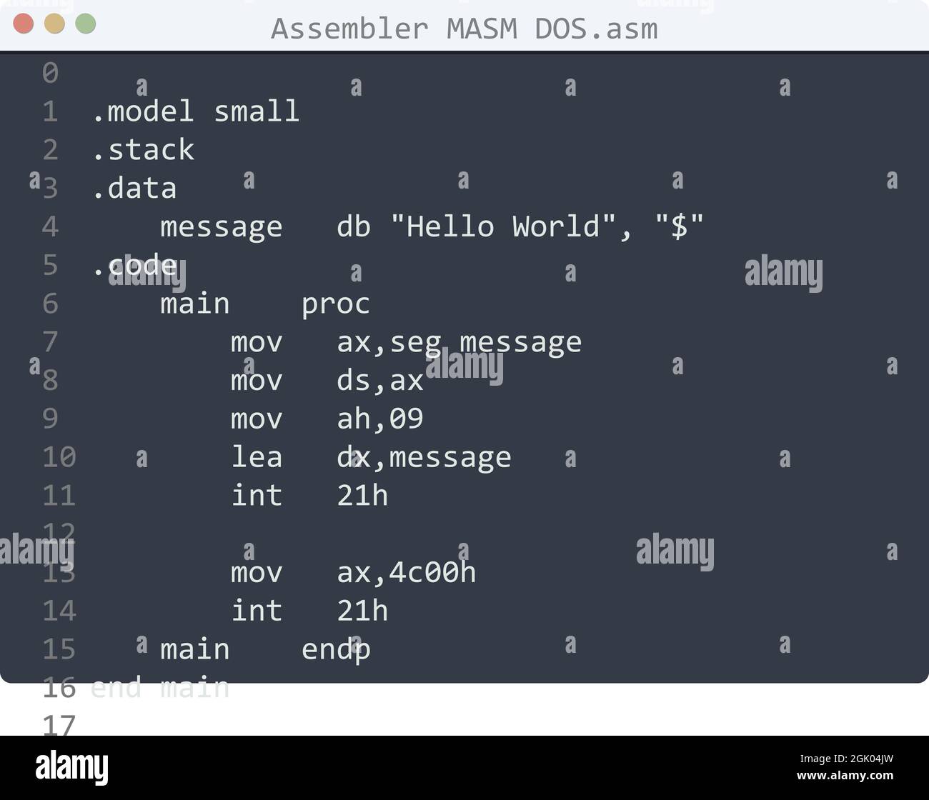 Assembler MASM DOS Sprache Hallo Welt Programm Beispiel in Editor-Fenster  Illustration Stock-Vektorgrafik - Alamy