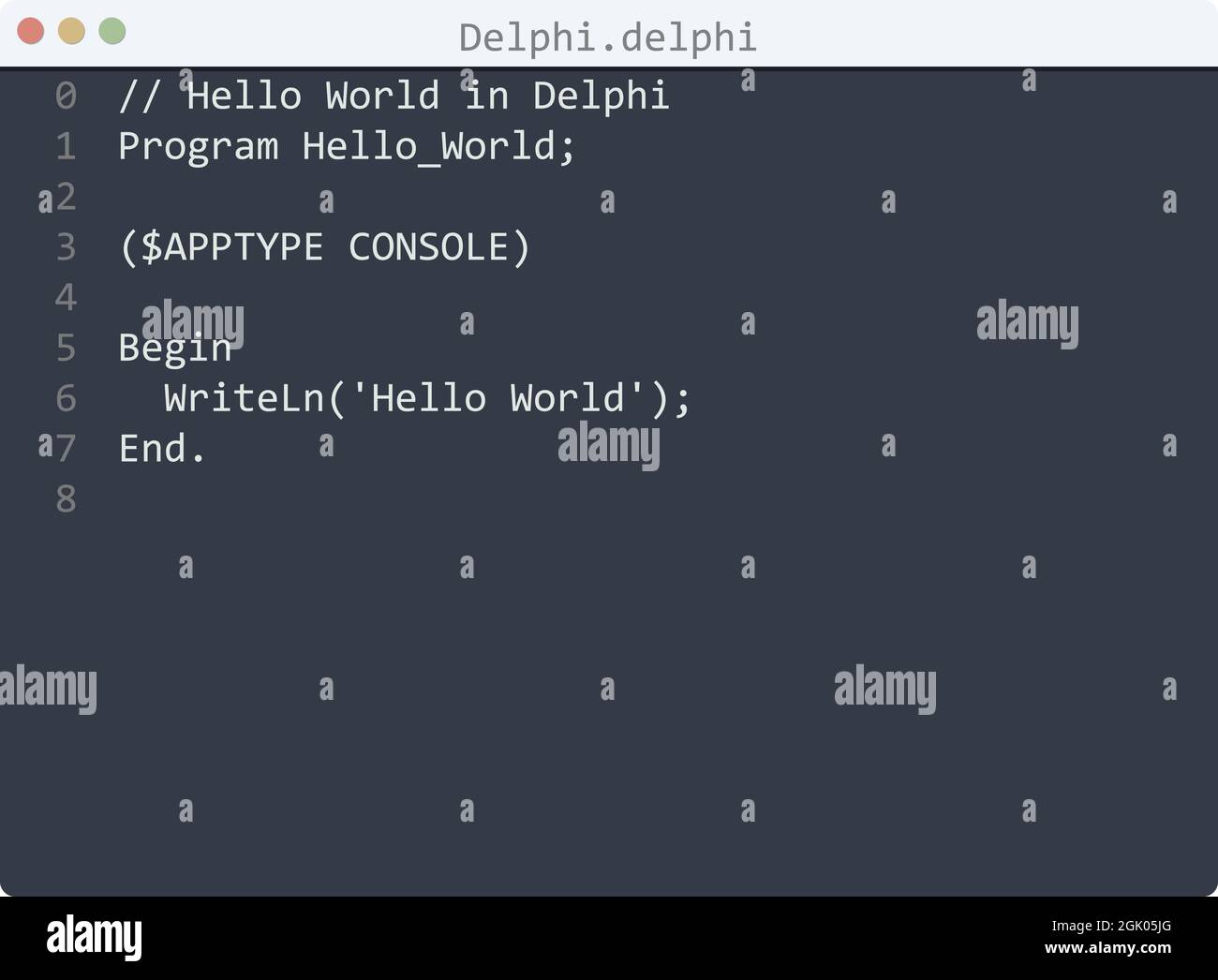 Delphi Sprache Hello World Programmbeispiel in Editor-Fenster Illustration Stock Vektor