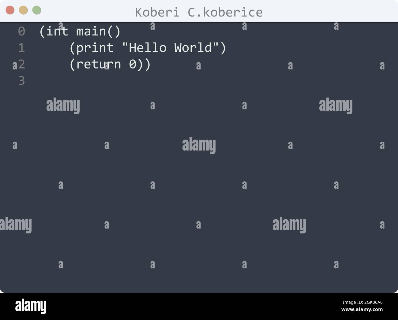 Koberi C language Hello World Programmbeispiel im Editor-Fenster Illustration Stock Vektor