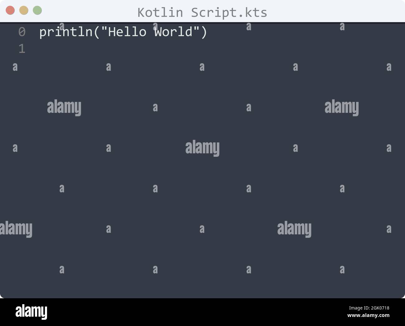 Kotlin Script Sprache Hello World Programmbeispiel in Editor-Fenster Illustration Stock Vektor