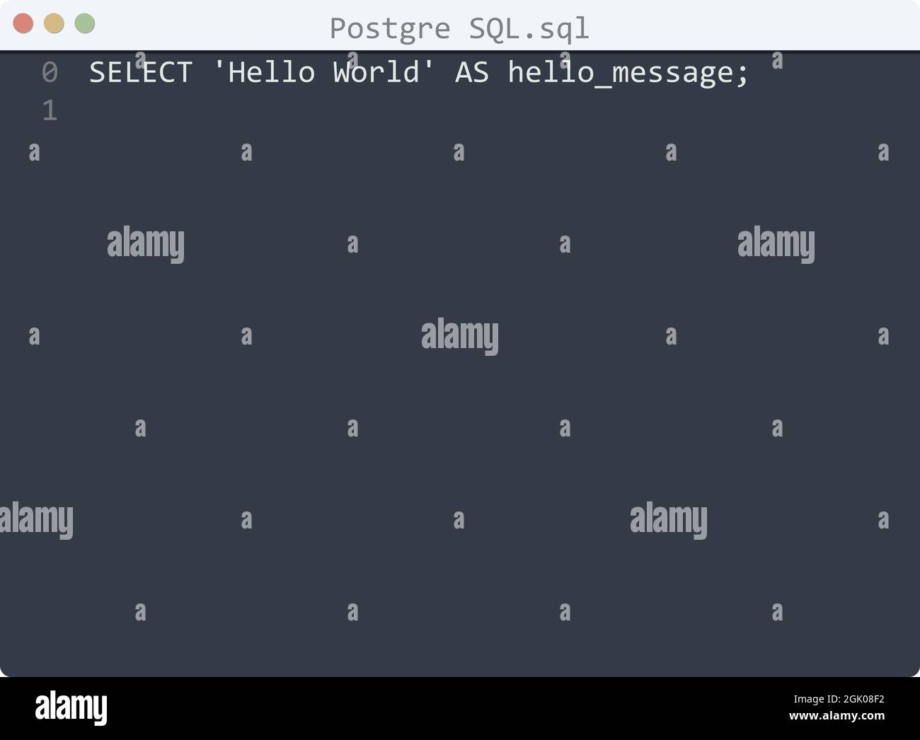 Postgre SQL Sprache Hallo Welt Programm Beispiel in Editor-Fenster Illustration Stock Vektor